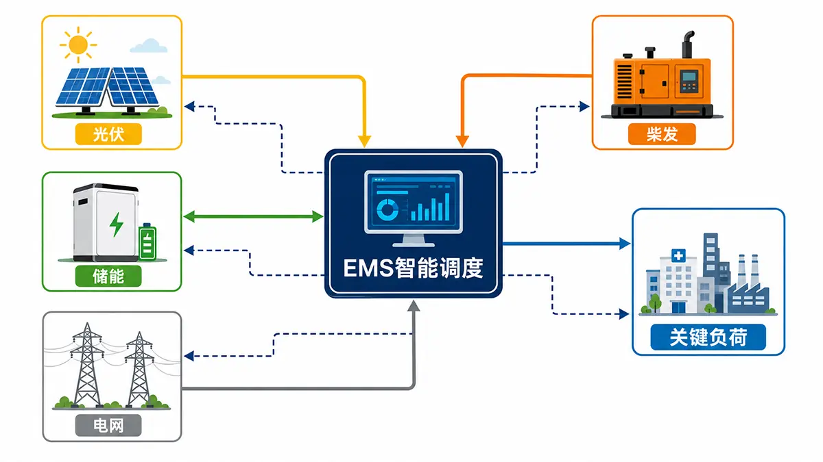 光伏、储能、电网、柴发与关键负荷协同能流(示意图,非项目接线图)