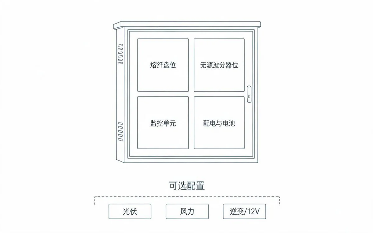 微站能源柜内部功能区示意:熔纤盘位、无源波分器位、监控单元、配电与电池四个区域,下方为光伏、风力、逆变/12V 可选配置项
