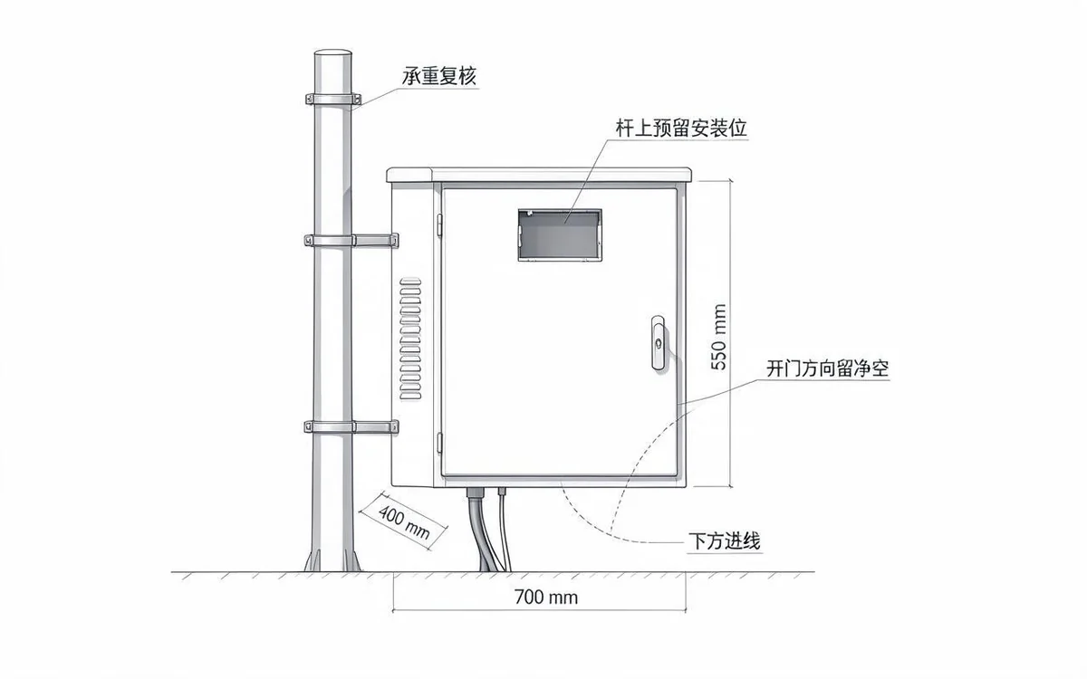 抱杆安装的室外微站能源柜正视图,标出 700×550×400mm 的外形尺寸、抱箍固定位置、柜门开启净空、下方电源与光缆进线口